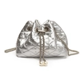 Elegant silver quilted bucket bag featuring sparkling rhinestones and pearl drawstring - No Handle Style / Silver