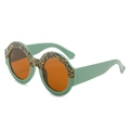 Kids round frame sunglasses in light green with leopard print accents and orange lenses - Top Leopard Bottom Green Frame Tea Lens