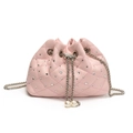 Pink quilted bucket bag with rhinestones and pearl drawstring chain strap accessory - No Handle Style / Pink