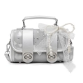 Sac argenté scintillant avec nœud en perles, rubans dentelle et anse en métal - Argenté
