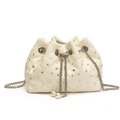 White quilted bucket bag with rhinestones, silver chain drawstring and pearl charms - No Handle Style / White