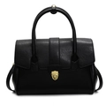 Minimalist black briefcase handbag with gold hardware and textured finish shown on white background - Black