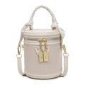 Borsa a secchiello intrecciata beige con manico foulard di seta e dettagli oro - Bianco Sporco