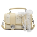Creamy white small square bag with rhinestones, pearls and lace bow detail - Yellow