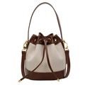 Bolso cubo de lona beige y cuero marrón con cordón de borla y detalles dorados - Marrón