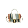 Borsa a tracolla intrecciata a righe con patchwork di pelle colorata e chiusura oro - Bianco