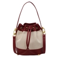 Bolso cubo en contraste granate y beige de lona con cordón y herrajes dorados - Burdeos