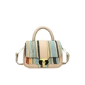Borsa a tracolla intrecciata a righe con finiture in pelle beige e fibbia a T dorata - Cachi