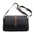 Black pebbled leather crossbody bag with brown accent strap and gold hardware on white background - Black