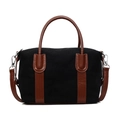 Bolso Boston de lona negra con correas de cuero marrón y herrajes plateados - Negro