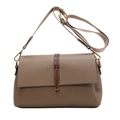 Brown litchi leather crossbody bag with wide shoulder strap and gold metal hardware - Khaki