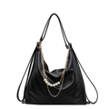 Versatile black PU leather backpack tote with decorative pearls and golden chains - Black