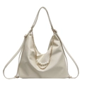Chic cream-white PU leather tote backpack with elegant pearl and gold chain details - Off White
