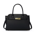 Classic black litchi pattern tote bag with golden metal buckle and top handles - Black