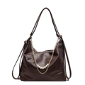 Dark brown faux leather tote with pearl chain strap and lychee grain texture - Brown