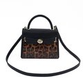 Elegante borsa stile Kelly leopardata in pelle nera con dettagli in oro - Marrone