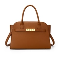 Brown lychee pattern leather tote bag with gold metal square lock and adjustable strap - Tan