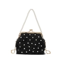 Elegante borsa a mano in pizzo nero con perle e chiusura dorata per la sera - Nero