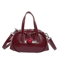 Glossy burgundy handbag with red heart buckle and detachable shoulder strap - Burgundy