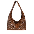 Sac à bandoulière hobo marron en forme de lune avec clous argentés et cuir brillant - Marron