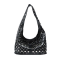Sac hobo punk noir avec œillets métalliques argentés et rivets sur cuir brillant - Noir