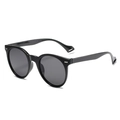 Retro round black sunglasses with silver rivet accents and teardrop hollow temple tips - Black Frame Grey Lens