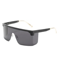 Oversized shield sunglasses with black frame and golden metal temples in grey lens - Black Frame Grey Lens