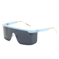Occhiali da sole shield con montatura celeste, lenti grigie e aste in metallo dorato - Montatura Blu Lente Grigia