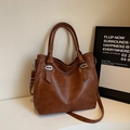 Bolso tote marrón retro de gran capacidad con textura de lichi y correa ajustable en blanco - Marrón Amarillento
