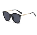 Women's oversized round sunglasses with black frames and textured golden metal temples - New Style / Glossy Black Frame Grey Lens