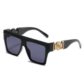 Oversized black square sunglasses featuring decorative gold floral metal accents on the temples - Black Frame Grey Lens