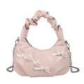 Sac hobo plissé rose avec nœuds blancs et bandoulière chaîne pour femme - Rose