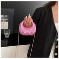 Detail of bright pink metallic crossbody bag with diamond quilting and gold chain - Hot Pink