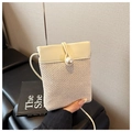 Detail shot of mini straw crossbody bag with pearly bead closure and woven texture - Off White