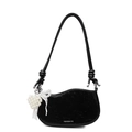 Minimalist black patent leather shoulder bag with a lace bow and pearl heart charm - Black