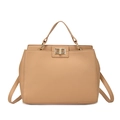 Camel textured leather handbag with gold metal lock and crossbody strap for women - Khaki (Litchi Grain)
