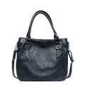 Minimalist navy blue leather tote bag with silver buckle and adjustable shoulder strap - Blue