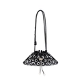 Sac seau chic en cuir verni noir avec rivets, œillets argentés et cordon perlé - Noir