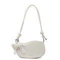 Creamy white semi-moon shoulder bag with glossy crinkle texture and lace bow charm - White