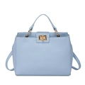 Light blue vintage tote bag with lychee texture and golden metal lock detail - Light Blue (Litchi Grain)