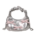 Silver metallic crescent handbag with pink bow details and a ruched handle strap - Silver