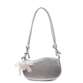 Silver metallic crossbody bag with ruffled texture and pearl heart bow accessory - Silver