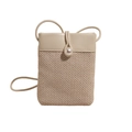 Minimalist straw woven crossbody bag with pearl closure and leather trim in beige - Off White