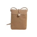 Mini straw woven crossbody bag with khaki leather trim and pearl closure detail - Khaki