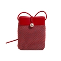 Red mini straw crossbody bag with pearl buckle and red-blue woven design details - Red