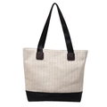 Borsa tote intrecciata beige con manici e base in pelle nera a contrasto - Bianco Sporco