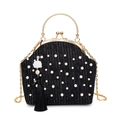 Elegante schwarze Plissee-Abendtasche mit weißen Perlen und goldenem Griff - Schwarz