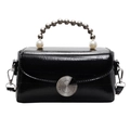 Elegant black glossy square handbag with unique pearl and silver bead handle - Black