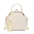 Elegante champagnerfarbene Plissee-Handtasche mit weißen Perlen und Gold-Rundgriff - Gold
