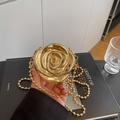 Chic gold rose shaped acrylic evening clutch bag with glossy metallic chain strap - Gold